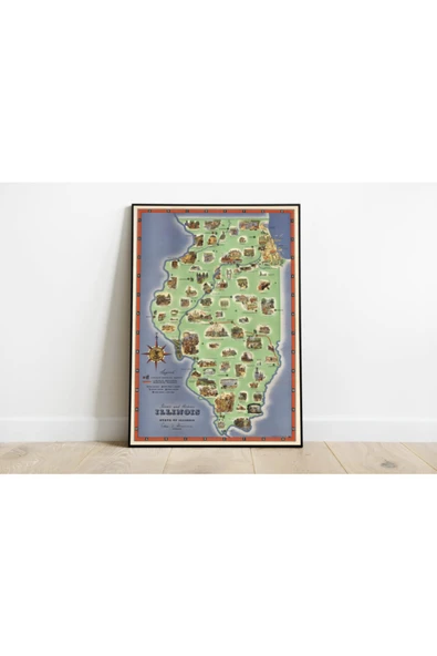 Pegziz Amerika Illinois Haritası Sanatsal Duvar Dekorasyon Poster 60x90cm. ürün görseli 1