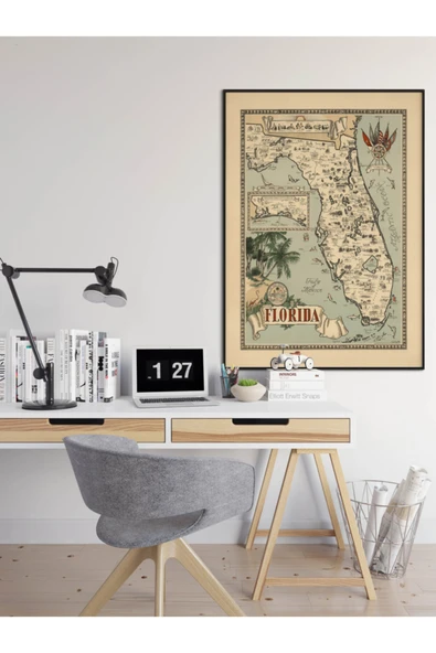 Pegziz Florida Eyaleti Haritası Sanatsal Duvar Dekorasyon Poster 60x90cm. ürün görseli 1