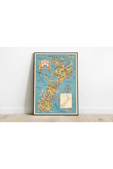Pegziz Yeni Zelanda Haritası Sanatsal Duvar Dekorasyon Poster 60x90cm. ürün görseli 1