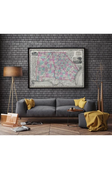 Pegziz Georgia Ve Alabama Eyatleri Haritası Sanatsal Duvar Dekorasyon Poster 60x90cm. ürün görseli 1