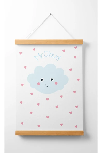 Pegziz Çocuk Odası Ahşap Askılı Bulut Baskılı Kanvas Duvar Dekorasyonu 40x50cm. ürün görseli 1