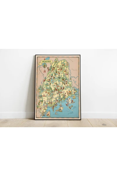Pegziz Maine Eyaleti Haritası Sanatsal Duvar Dekorasyon Poster 60x90cm. ürün görseli 1