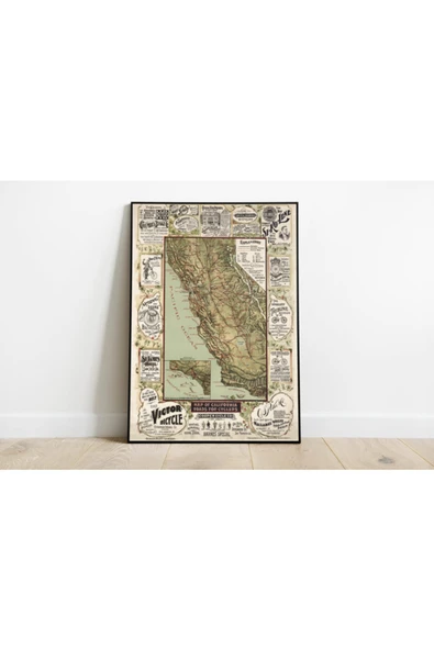 Pegziz Kaliforniya Bisiklet Yolları Haritası Sanatsal Duvar Dekorasyon Poster 60x90cm. ürün görseli 1