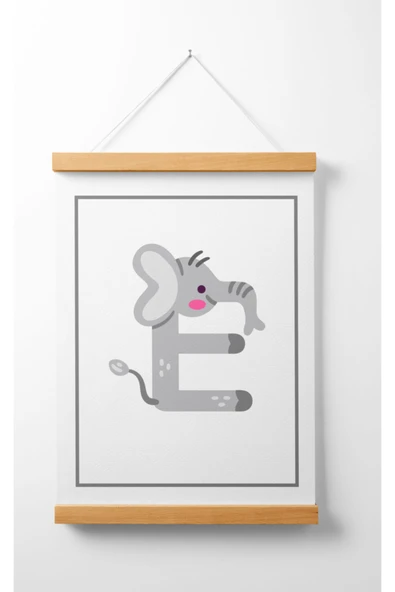 Pegziz Çocuk Odası Ahşap Askılı Hayvan Figürlü E Harfi Baskılı Kanvas Duvar Dekorasyonu 40x50cm. ürün görseli 1