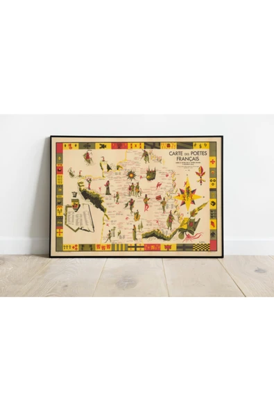 Pegziz Fransız Şairleri Haritası Sanatsal Duvar Dekorasyon Poster 60x90cm. ürün görseli 1