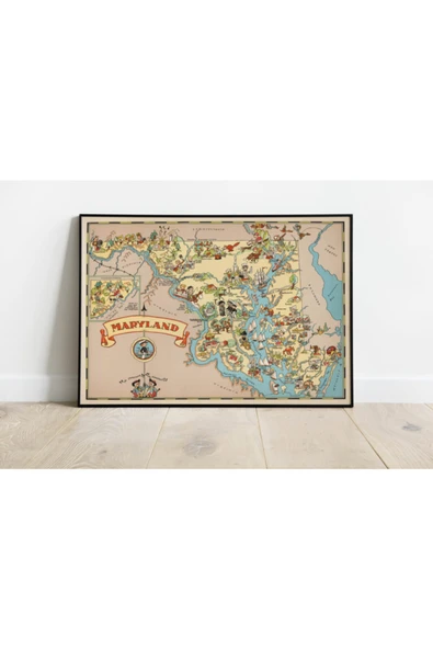 Pegziz Maryland Haritası Sanatsal Duvar Dekorasyon Poster 60x90cm. ürün görseli 1