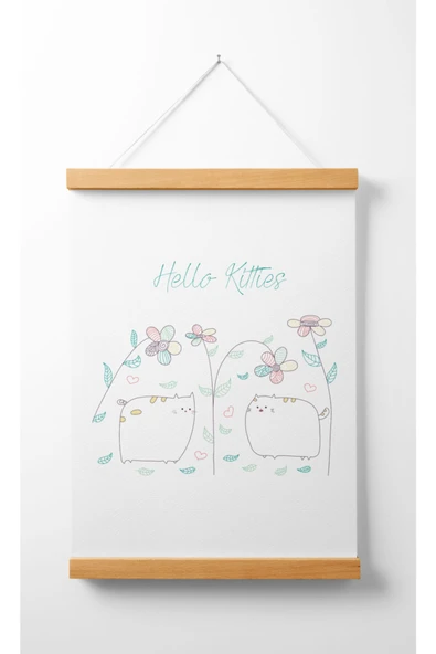 Pegziz Çocuk Odası Ahşap Askılı Kedicikler Baskılı Kanvas Duvar Dekorasyonu 40x50cm. ürün görseli 1