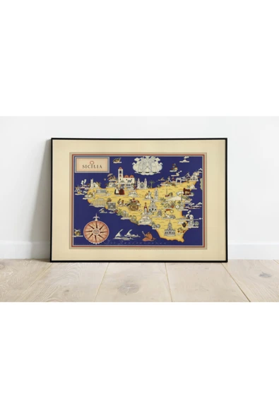 Pegziz Sicilya Haritası Sanatsal Duvar Dekorasyon Poster 60x90cm. ürün görseli 1