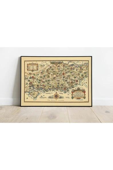 Pegziz Ingiltere Güney Sahilleri Haritası Sanatsal Duvar Dekorasyon Poster 60x90cm. ürün görseli 1