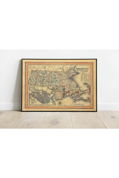 Pegziz Massachusetts Haritası Sanatsal Duvar Dekorasyon Poster 60x90cm. ürün görseli 1