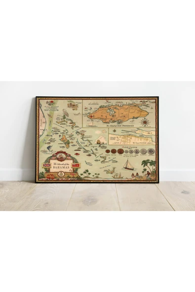 Pegziz Bahamalar Haritası Sanatsal Duvar Dekorasyon Poster 60x90cm. ürün görseli 1