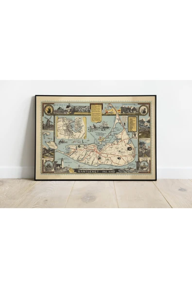 Pegziz Nantucket Adası Haritası Sanatsal Duvar Dekorasyon Poster 60x90cm. ürün görseli 1