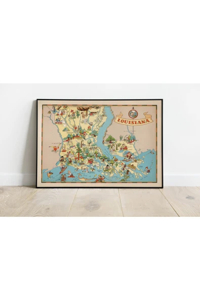 Pegziz Louisiana Haritası Sanatsal Duvar Dekorasyon Poster 60x90cm. ürün görseli 1
