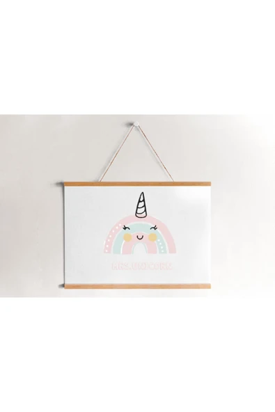 Pegziz Çocuk Odası Ahşap Askılı Unicorn Baskılı Kanvas Duvar Dekorasyonu 40x50cm. ürün görseli 1