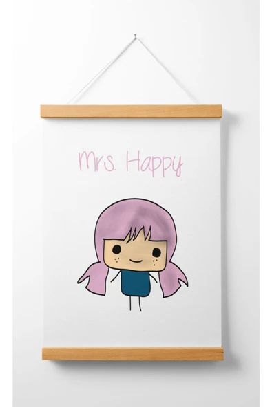 Pegziz Çocuk Odası Ahşap Askılı Mrs Happy Baskılı Kanvas Duvar Dekorasyonu 40x50cm. ürün görseli 1