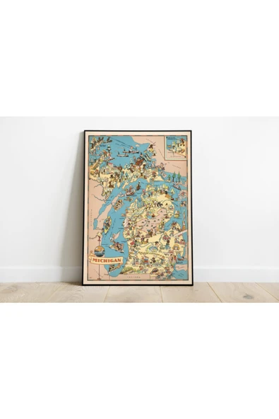 Pegziz Michigan Haritası Sanatsal Duvar Dekorasyon Poster 60x90cm. ürün görseli 1
