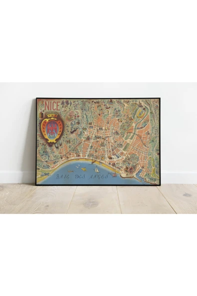 Pegziz Fransa Nice Haritası Sanatsal Duvar Dekorasyon Poster 60x90cm. ürün görseli 1
