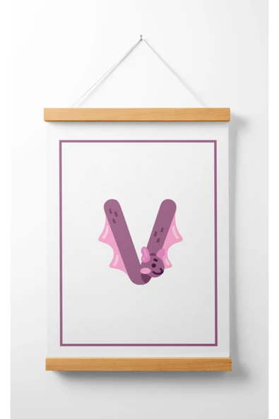 Pegziz Çocuk Odası Ahşap Askılı Hayvan Figürlü V Harfi Baskılı Kanvas Duvar Dekorasyonu 40x50cm. ürün görseli 1