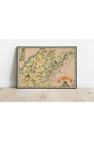 Pegziz Batı Virginia Haritası Sanatsal Duvar Dekorasyon Poster 60x90cm. ürün görseli 1