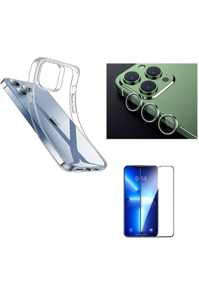corcishop Iphone 13 Pro Uyumlu 3lü Set Şeffaf Yumuşak Kılıf Yeşil Kamera Lens Seramik Ekran Koruyucu ürün görseli 1
