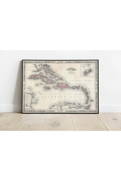Pegziz Karayipler Haritası Sanatsal Duvar Dekorasyon Poster 60x90cm. ürün görseli 1