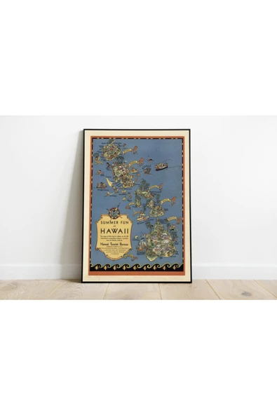 Pegziz Hawaii Haritası Sanatsal Duvar Dekorasyon Poster 60x90cm. ürün görseli 1