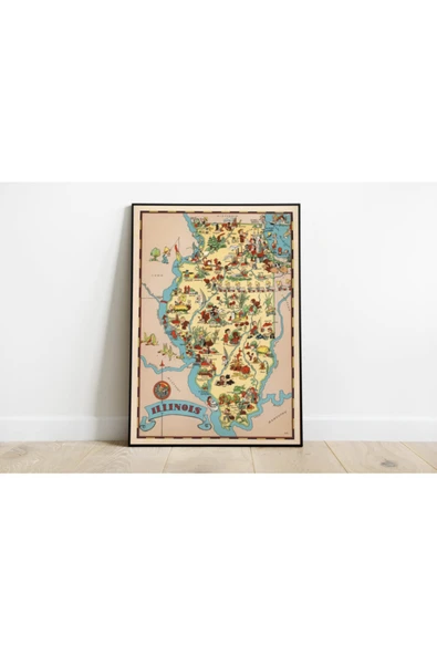 Pegziz Illinois Eyaleti Haritası Sanatsal Duvar Dekorasyon Poster 60x90cm. ürün görseli 1