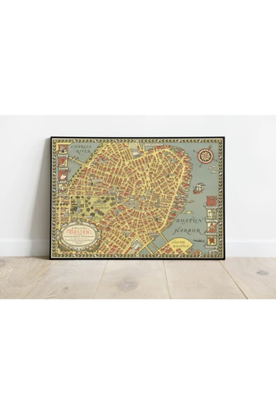 Pegziz Boston Haritası Sanatsal Duvar Dekorasyon Poster 60x90cm. ürün görseli 1