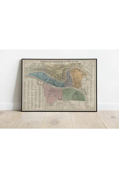 Pegziz Fransa Lyon Şehir Haritası Sanatsal Duvar Dekorasyon Poster 60x90cm. ürün görseli 1