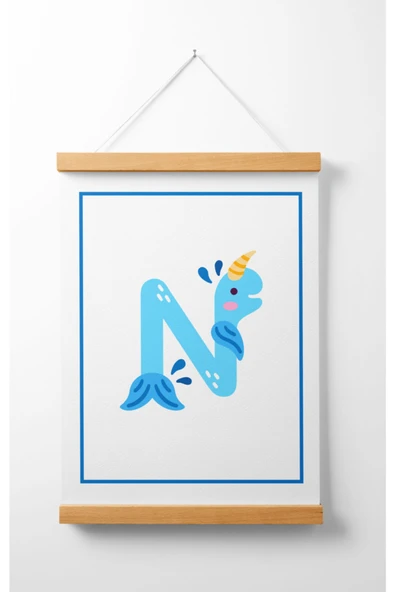Pegziz Çocuk Odası Ahşap Askılı Hayvan Figürlü N Harfi Baskılı Kanvas Duvar Dekorasyonu 40x50cm. ürün görseli 1