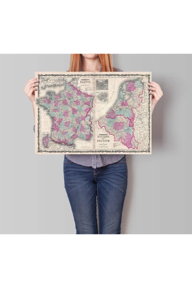Pegziz Fransa Ve Belçika Haritası Sanatsal Duvar Dekorasyon Poster 60x90cm. ürün görseli 1