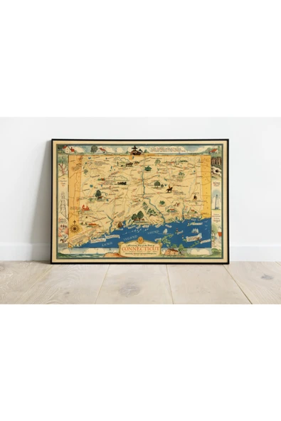 Pegziz Connecticut Haritası Sanatsal Duvar Dekorasyon Poster 60x90cm. ürün görseli 1