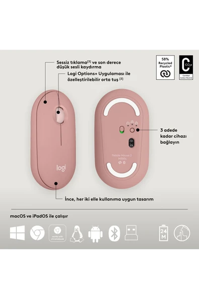 920-012247 Pebble 2 Combo Pembe Kablosuz Klavye Mouse Seti - Resim 7