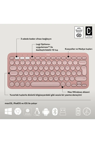 920-012247 Pebble 2 Combo Pembe Kablosuz Klavye Mouse Seti - Resim 6