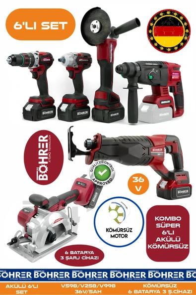BÖHRER Alman BA01087K 6 Akülü 3 Şarjlı Kömürsüz V598 5Ah Profesyonel 6 Makine Kombo Set - RED KIRMIZI ürün görseli 1