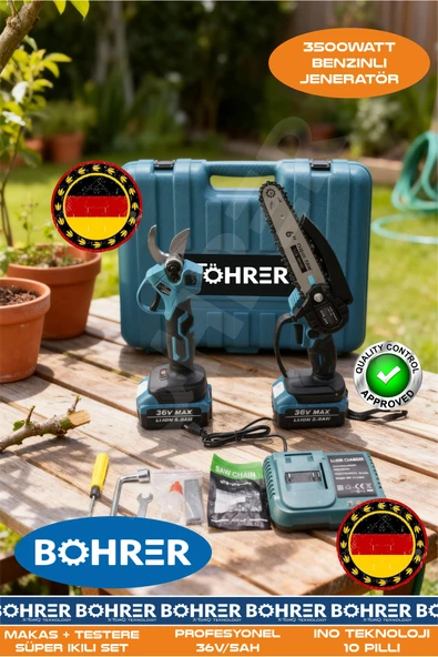 BÖHRER ÇİFT AKÜLÜ 36V 5AH 10 PİLLİ 30MM AKÜLÜ BUDAMA MAKASI VE 10-15 CM AKÜLÜ BUDAMA TESTERESİ ürün görseli 1