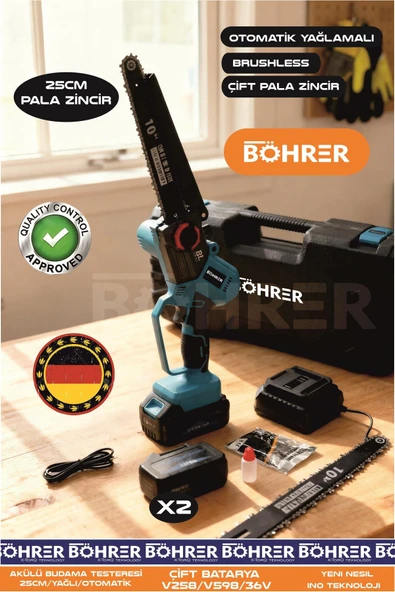 BÖHRER ALMAN DESİGNE BA011154 KÖMÜRSÜZ YENİ TASARIM ÇİFT AKÜLÜ 25CM 10 İNÇ - OTOMATİK YAĞLI VE 10 PİLLİ 36V ürün görseli 1