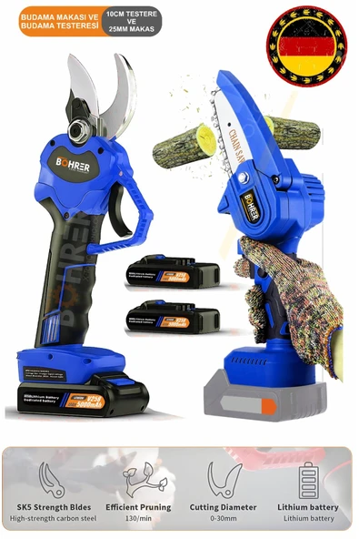 BÖHRER Süper 2'li V258 5000mAh Blue Akülü Budama Makası Ve Akülü Testere Ağaç Budama Makinesi ürün görseli 1