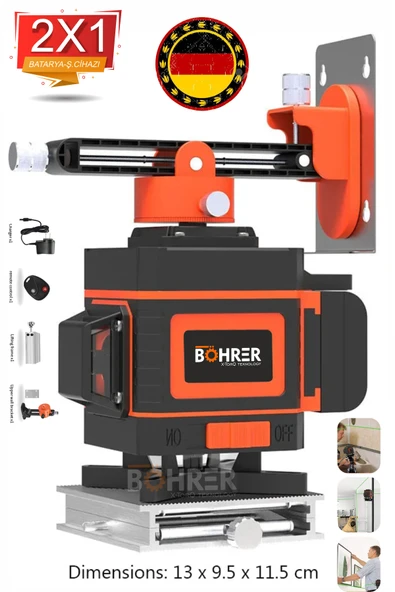 BÖHRER MANYETİK 16 SATIR 4 KÖŞE 360 DERECE 4X4 LAZER ,2 LİON BATARYA YEŞİL IŞIK AKÜLÜ LAZER HİZALAMA ürün görseli 1