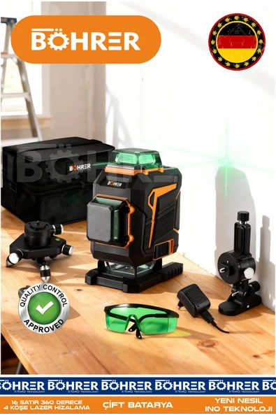 BÖHRER ALMAN DESİGNE ÇİFT BATARYA 16 SATIR 4 KÖŞE 360 DERECE FULL SET ÖLÇÜM LAZER HİZALAMA ÇİZGİ MAKİNESİ ürün görseli 1