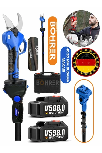 BÖHRER ALMAN KÖMÜRSÜZ DİJİTAL 3M UZATMA KOLLU 42MM PROFESYONEL AKÜLÜ BUDAMA BAĞ MAKASI ürün görseli 1
