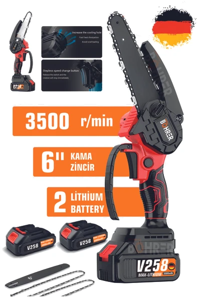 BÖHRER V258 Akülü Testere,Red İki Pilli Akülü Zincirli Testere,Ağaç Budama İçin 6 İnç El Tipi Akülü Testere ürün görseli 1