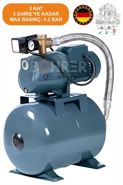 BÖHRER Jet100b 3 Kat 3 Daire 1 Hp 24 L Yatay Tank Otomatik Musluk Aç Kapa Hidrofor Su Pompası Motoru ürün görseli 1
