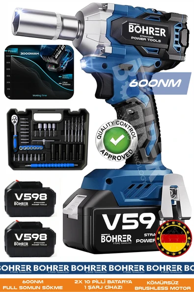 BÖHRER 600NM BA011134 FULL SET V598 ORJİNAL 21V 3AH DEVİR AYARLI KÖMÜRSÜZ SOMUN SIKMA SÖKME MAKİNESİ ürün görseli 1