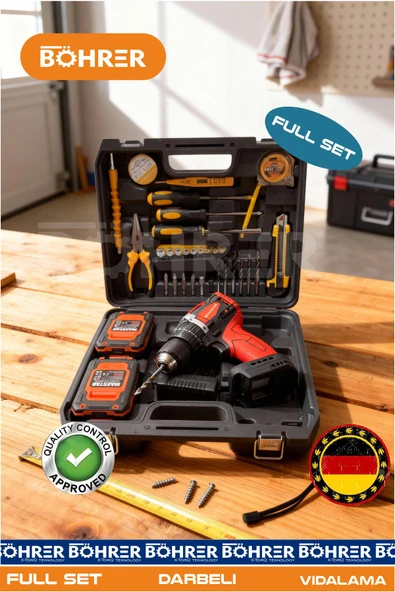 BÖHRER ÇİFT AKÜLÜ +32 PARÇA FULL SET PENSELİ MODEL DARBELİ KÖMÜRSÜZ ÇİFT AKÜLÜ YENİ NESİL VİDALAMA MATKAP ürün görseli 1
