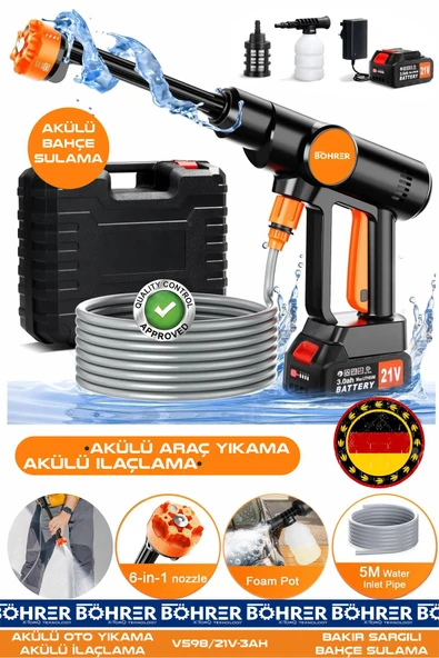 BÖHRER Akülü Araç Yıkama Makinesi BA01116 - Kablo Derdi Yok – 21V 3AH Güçlü Yıkama Performansı-Bahçe İlaçla ürün görseli 1