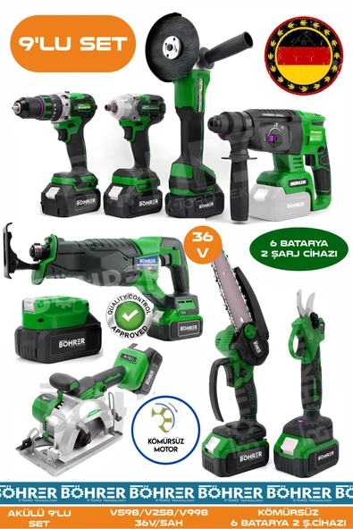 BÖHRER Alman BA01081Y 6 Akülü 2 Şarjlı Kömürsüz V598 5Ah Profesyonel 9 Makine Kombo Set - YEŞİL GREEN ürün görseli 1