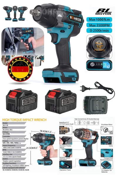 BÖHRER ALMAN V598 15 PİLLİ ÇİFT AKÜLÜ 1000 NM KADEMELİ SOMUN ARAÇ BİJON SÖKME TORKLU SOMUN SÖKME MAKİNESİ ürün görseli 1