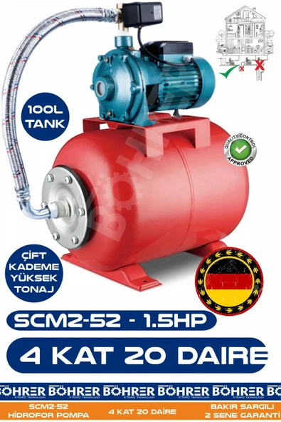 BÖHRER SCM2-52 1.5 HP Çift Kademeli 100L Yatay Genleşme Tank -- Otomatik Hidrofor Bina Bahçe Su Pompası – 4 ürün görseli 1