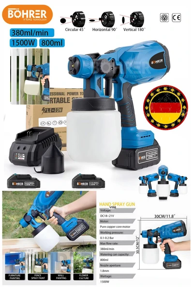 BÖHRER ALMAN V598 ÇİFT AKÜLÜ 1.8 MM PROFESYONEL BOYA PÜSKÜRTME İLAÇLAMA MAKİNESİ ürün görseli 1